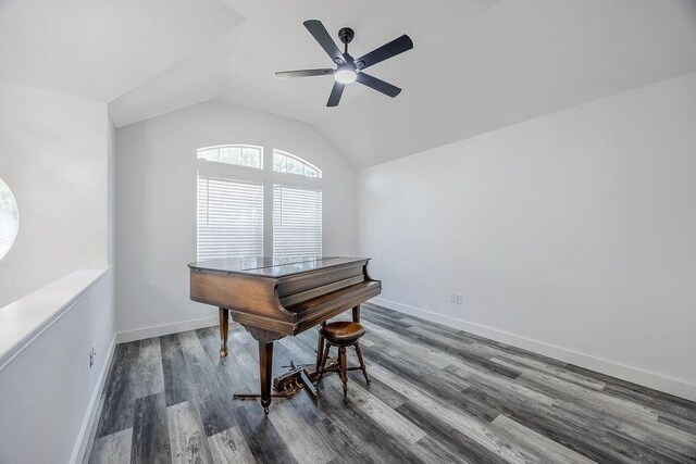 misc room featuring ceiling fan, lofted ceiling, and hardwood / wood-style floors