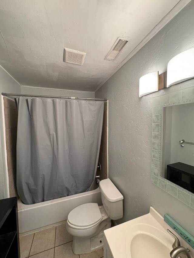 full bathroom featuring vanity, toilet, shower / bathtub combination with curtain, and tile patterned flooring