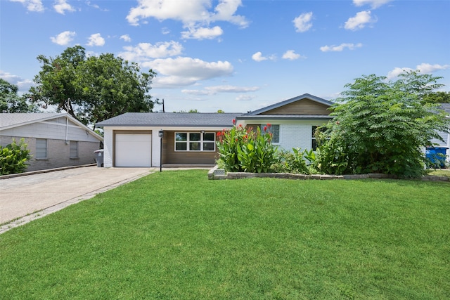 ranch-style house with a garage and a front lawn