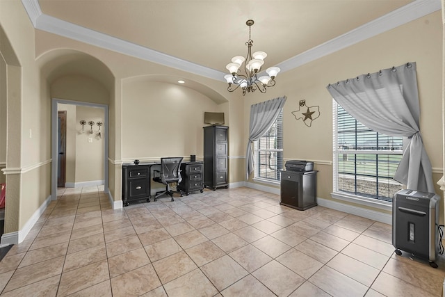 office featuring an inviting chandelier, crown molding, and light tile patterned floors