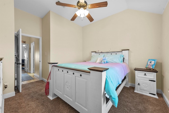 carpeted bedroom featuring lofted ceiling and ceiling fan