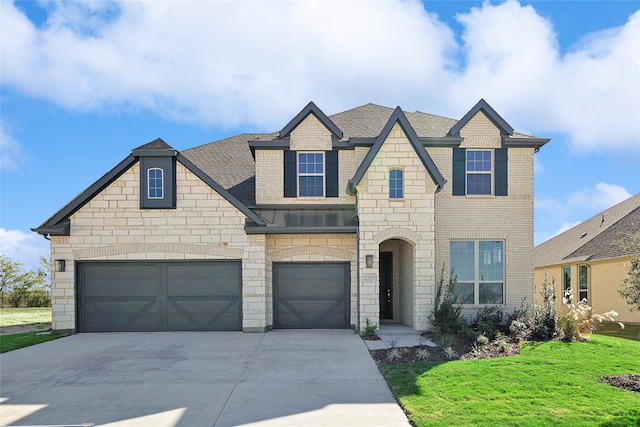 view of front of house featuring a shingled roof, brick siding, driveway, and a front lawn