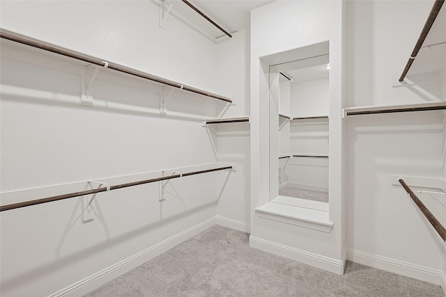 walk in closet featuring light colored carpet