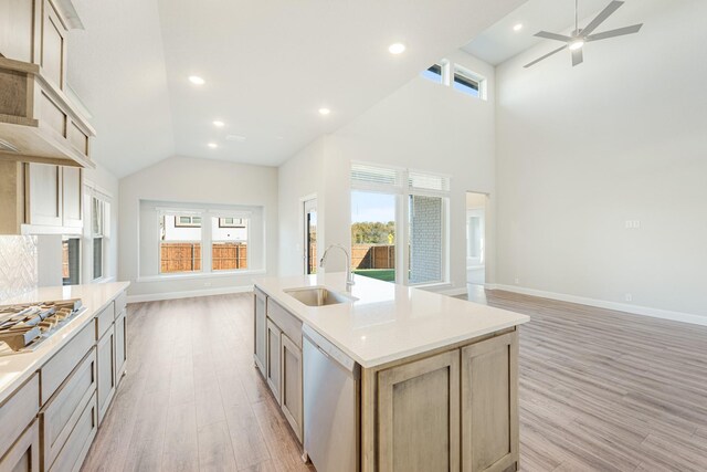 kitchen featuring sink, light hardwood / wood-style flooring, an island with sink, light brown cabinetry, and stainless steel appliances