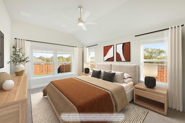 2800 Creekhollow Ct, Denton, TX 76226 - bedroom featuring light carpet, vaulted ceiling, ceiling fan, and baseboards