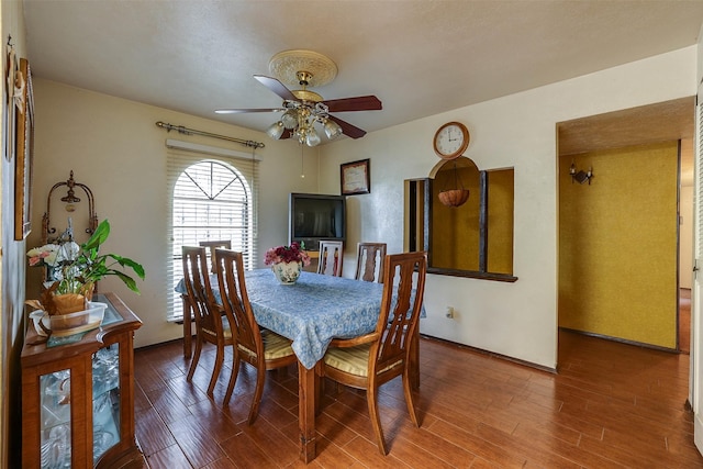 dining room with hardwood / wood-style floors and ceiling fan