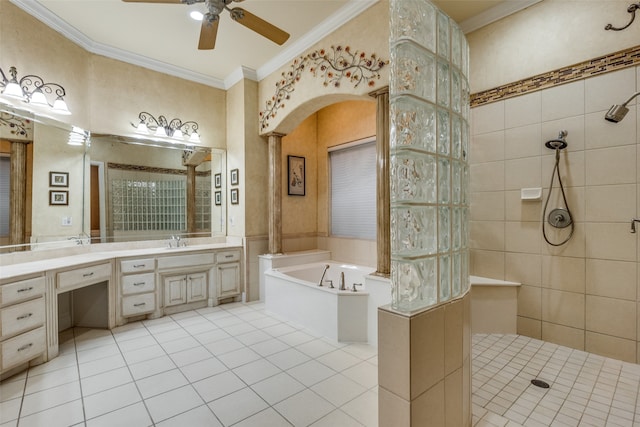 bathroom featuring tile patterned flooring, double sink vanity, crown molding, ceiling fan, and shower with separate bathtub