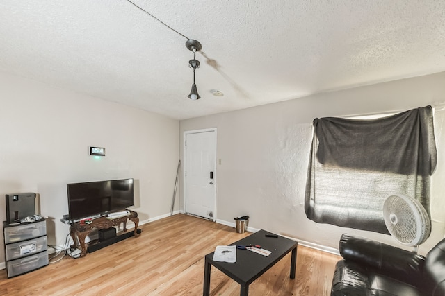 living room featuring light hardwood / wood-style floors and a textured ceiling