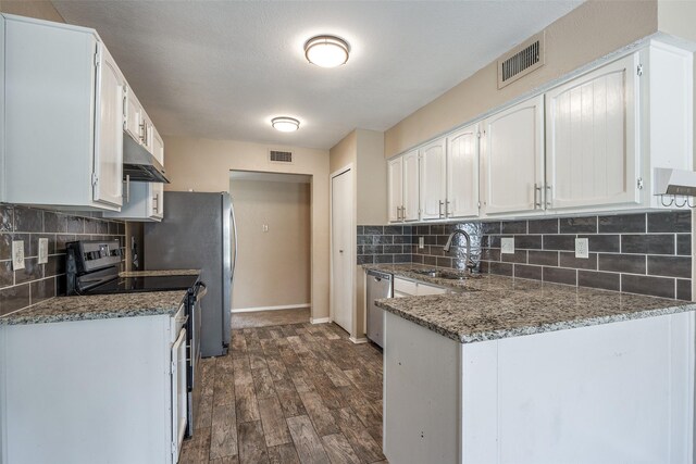 kitchen with sink, dark hardwood / wood-style floors, electric range, and tasteful backsplash