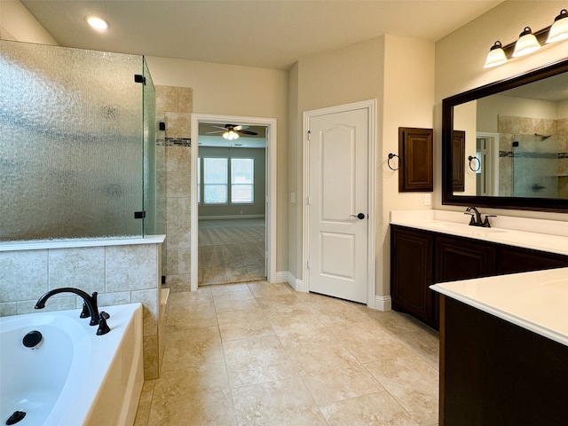 bathroom with vanity, plus walk in shower, ceiling fan, and tile patterned floors