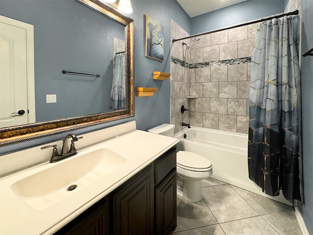 full bathroom with vanity, toilet, shower / tub combo, and tile patterned flooring