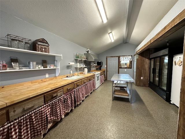 interior space with vaulted ceiling, sink, and a textured ceiling