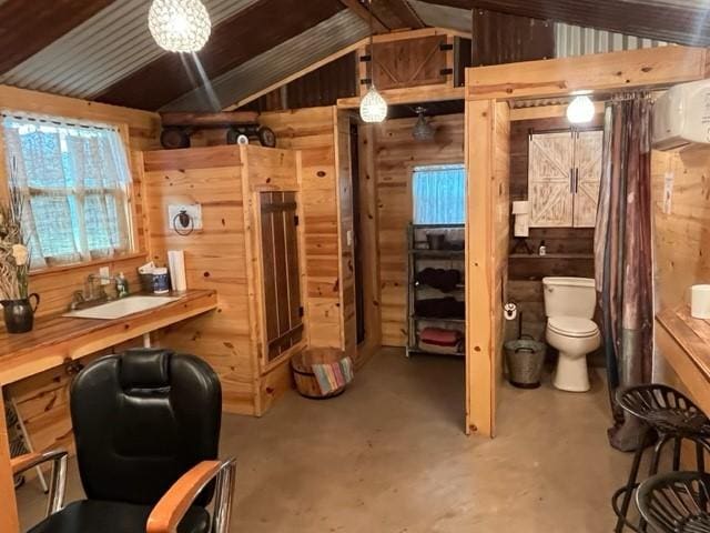 interior space featuring a sink, lofted ceiling, and wooden walls