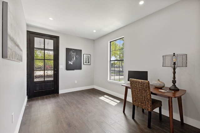 office area with dark hardwood / wood-style flooring