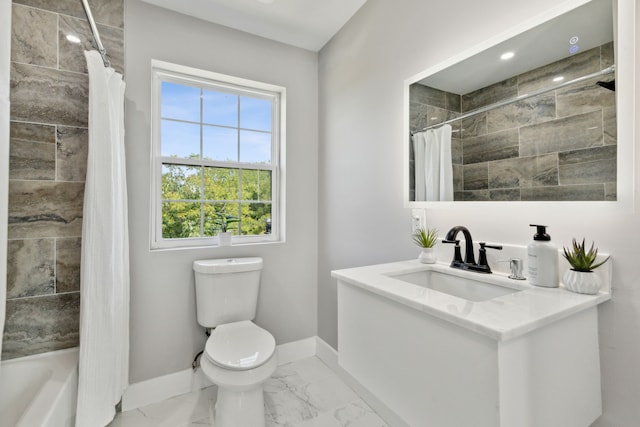 full bathroom with baseboards, toilet, marble finish floor, shower / bathtub combination with curtain, and vanity