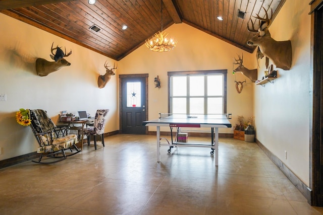 game room with concrete flooring, high vaulted ceiling, beamed ceiling, wooden ceiling, and an inviting chandelier