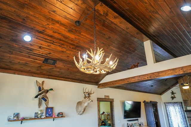 details with a notable chandelier and wood ceiling