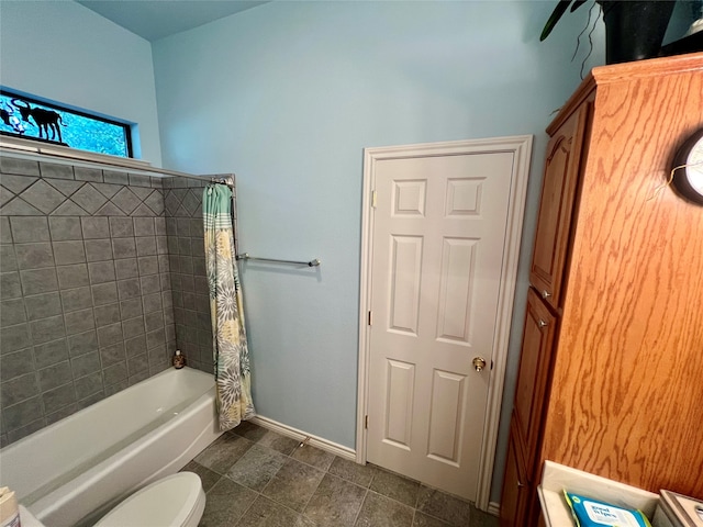 full bathroom with vanity, toilet, and shower / bathtub combination with curtain