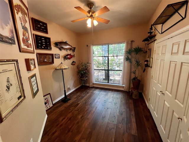 interior space featuring dark wood-type flooring and ceiling fan