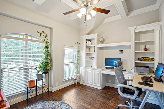 home office with built in desk, dark wood-type flooring, ceiling fan, ornamental molding, and coffered ceiling