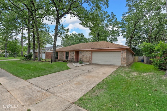 single story home with a front yard and a garage