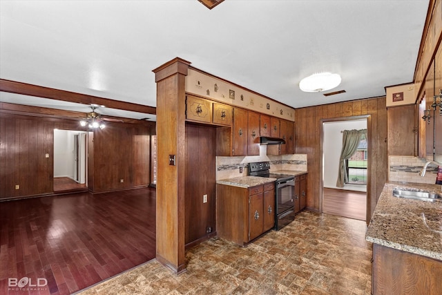 kitchen featuring light stone countertops, tasteful backsplash, wooden walls, black range with electric cooktop, and sink