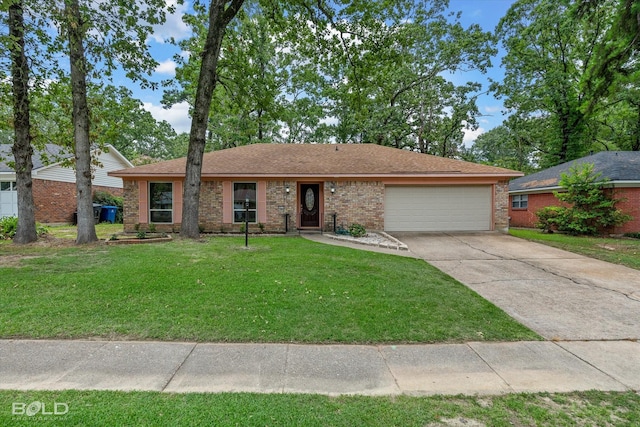 single story home with a front yard and a garage