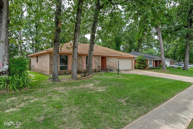 ranch-style home featuring a garage and a front lawn