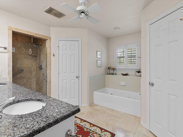 bathroom featuring shower with separate bathtub, vanity, tile patterned flooring, and ceiling fan