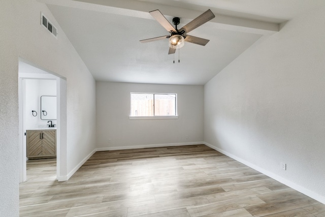 empty room featuring light hardwood / wood-style floors, vaulted ceiling with beams, sink, and ceiling fan