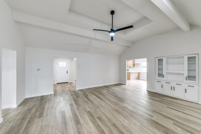 unfurnished living room featuring light hardwood / wood-style floors, ceiling fan, and vaulted ceiling with beams