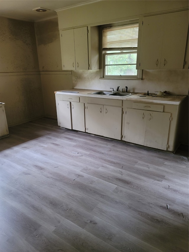 kitchen featuring sink, light wood-type flooring, white cabinetry, and tasteful backsplash