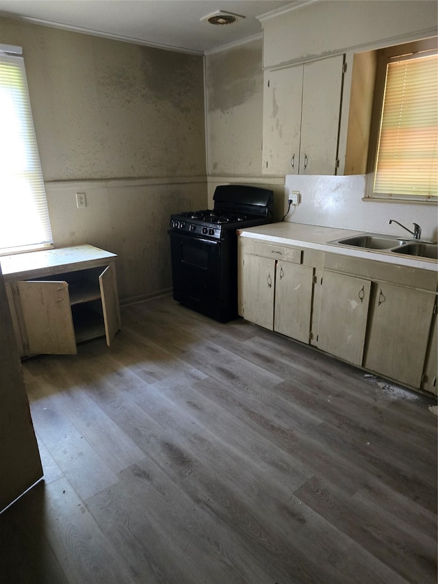 kitchen featuring sink, ornamental molding, light hardwood / wood-style floors, and gas stove