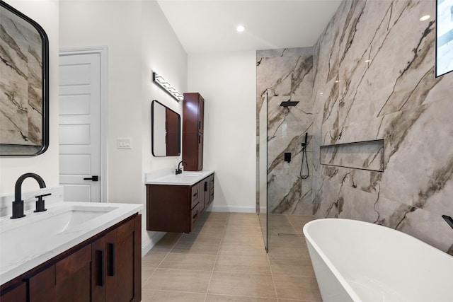 bathroom with shower with separate bathtub, tile patterned flooring, and dual bowl vanity