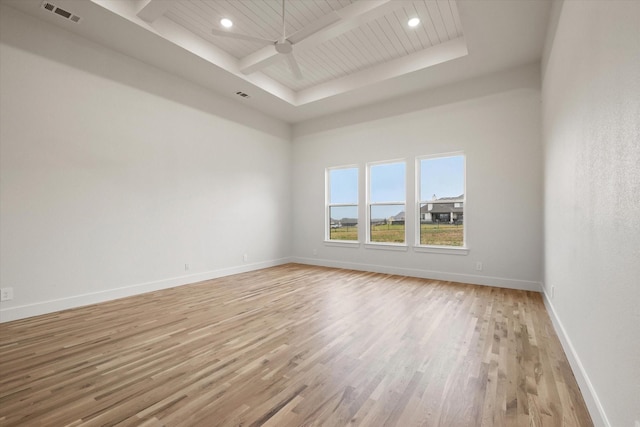 empty room featuring beam ceiling, light hardwood / wood-style floors, wooden ceiling, and ceiling fan