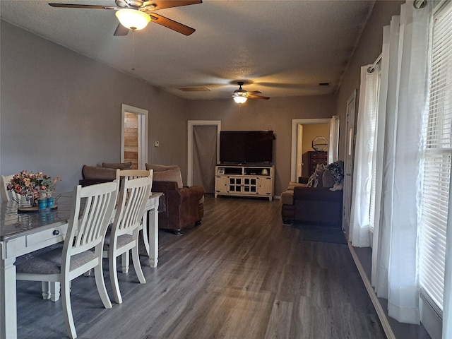 dining area featuring ceiling fan, hardwood / wood-style floors, and a textured ceiling