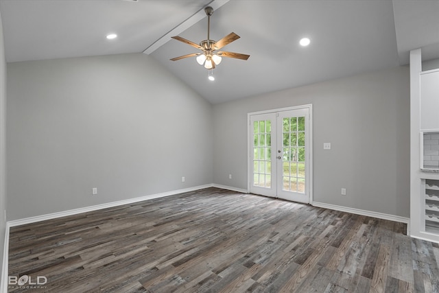 interior space with dark wood-type flooring, ceiling fan, lofted ceiling with beams, and french doors