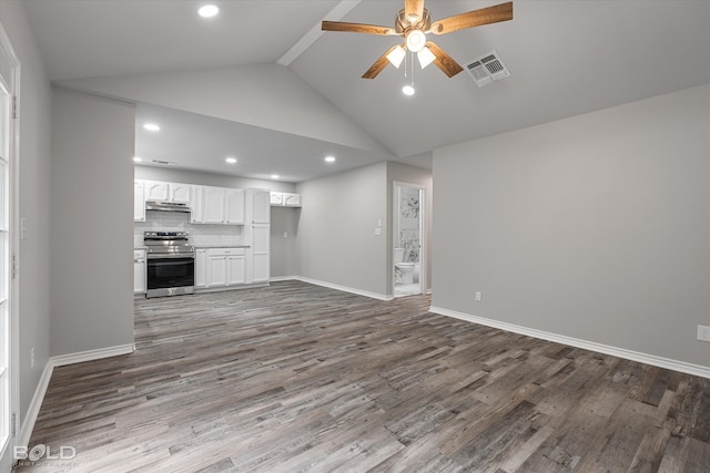 unfurnished living room with high vaulted ceiling, ceiling fan, and wood-type flooring