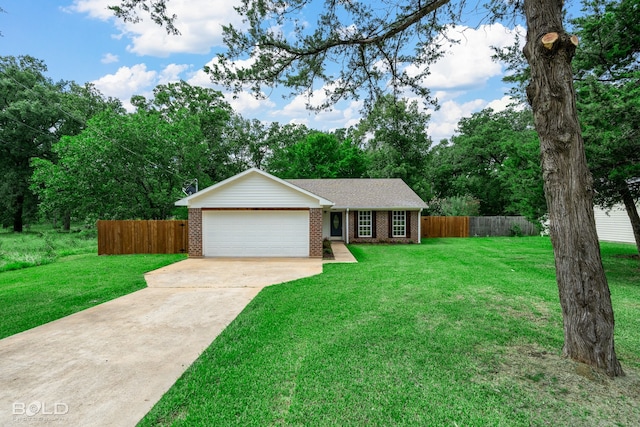 ranch-style home featuring a front yard and a garage