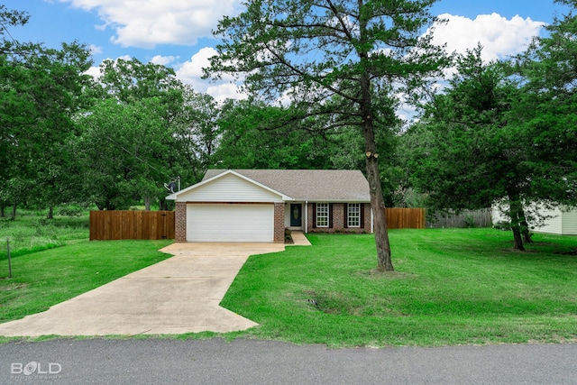 ranch-style home with a garage and a front lawn