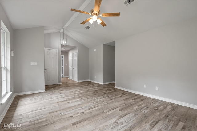 unfurnished living room featuring ceiling fan, beamed ceiling, high vaulted ceiling, and light hardwood / wood-style floors