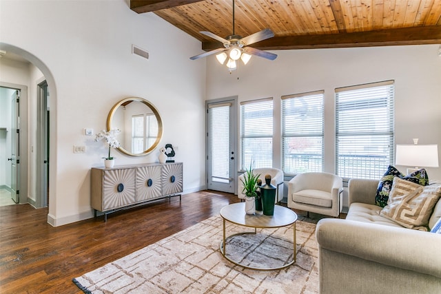 living room with dark hardwood / wood-style flooring, lofted ceiling with beams, ceiling fan, and wood ceiling