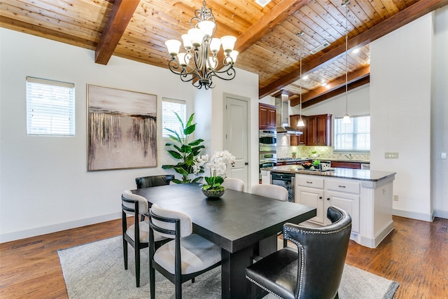 dining room with wine cooler, dark hardwood / wood-style floors, an inviting chandelier, and wooden ceiling