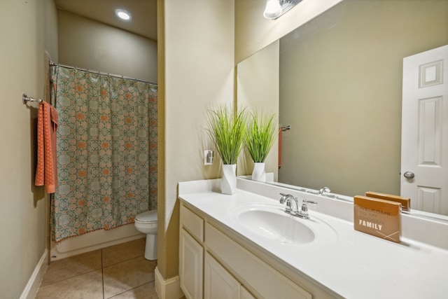 full bathroom with toilet, shower / tub combo, vanity, and tile patterned floors