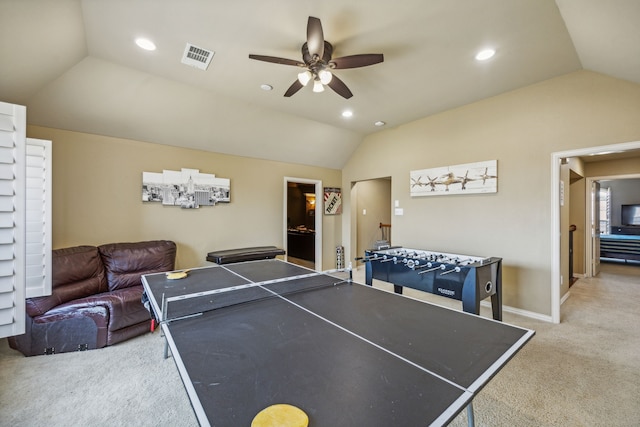 rec room featuring ceiling fan, lofted ceiling, and carpet floors