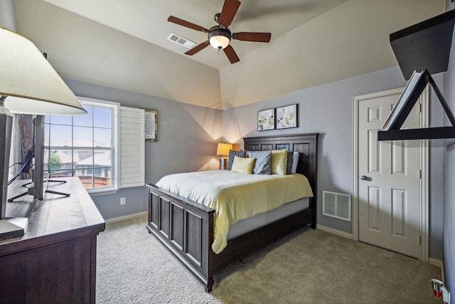 bedroom featuring carpet flooring, ceiling fan, and vaulted ceiling