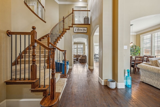 foyer featuring a wealth of natural light, dark wood-type flooring, a high ceiling, and ornamental molding