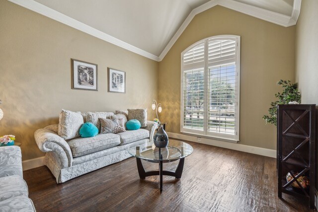 living room with dark hardwood / wood-style flooring, crown molding, and vaulted ceiling