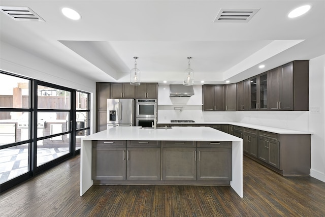 kitchen with hanging light fixtures, dark hardwood / wood-style flooring, a tray ceiling, exhaust hood, and appliances with stainless steel finishes