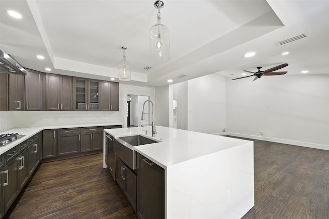 kitchen with a center island with sink, a raised ceiling, sink, and dark wood-type flooring